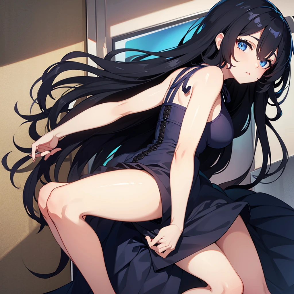 Long black hair, blue eyes, crouched down, covering self, towel, suprised, confused, blushing, wet, curvy, big thighs,