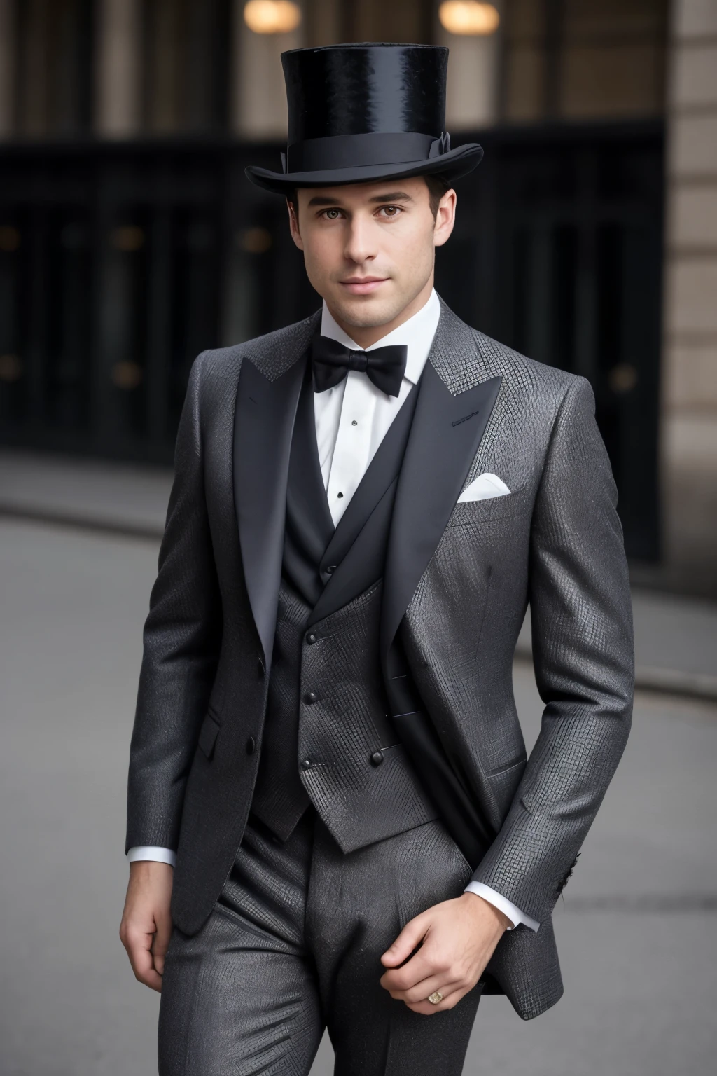 A realistic portrait of a 35-year-old man, exuding confidence and happiness, is desired. He is dressed in a well-tailored suit and a stylish top hat, a classic accessory that adds an air of sophistication to his attire. The image captures him under cinematic light, casting long shadows that highlight the details of his suit. The side lighting brings out the texture of his suit and the shine of his polished shoes. The photo is taken in ultra-high resolution, ensuring every detail is crystal clear, from the intricate patterns on his suit to the  creases around his eyes that showcase his happiness. The image is reminiscent of a vintage masterpiece, with a