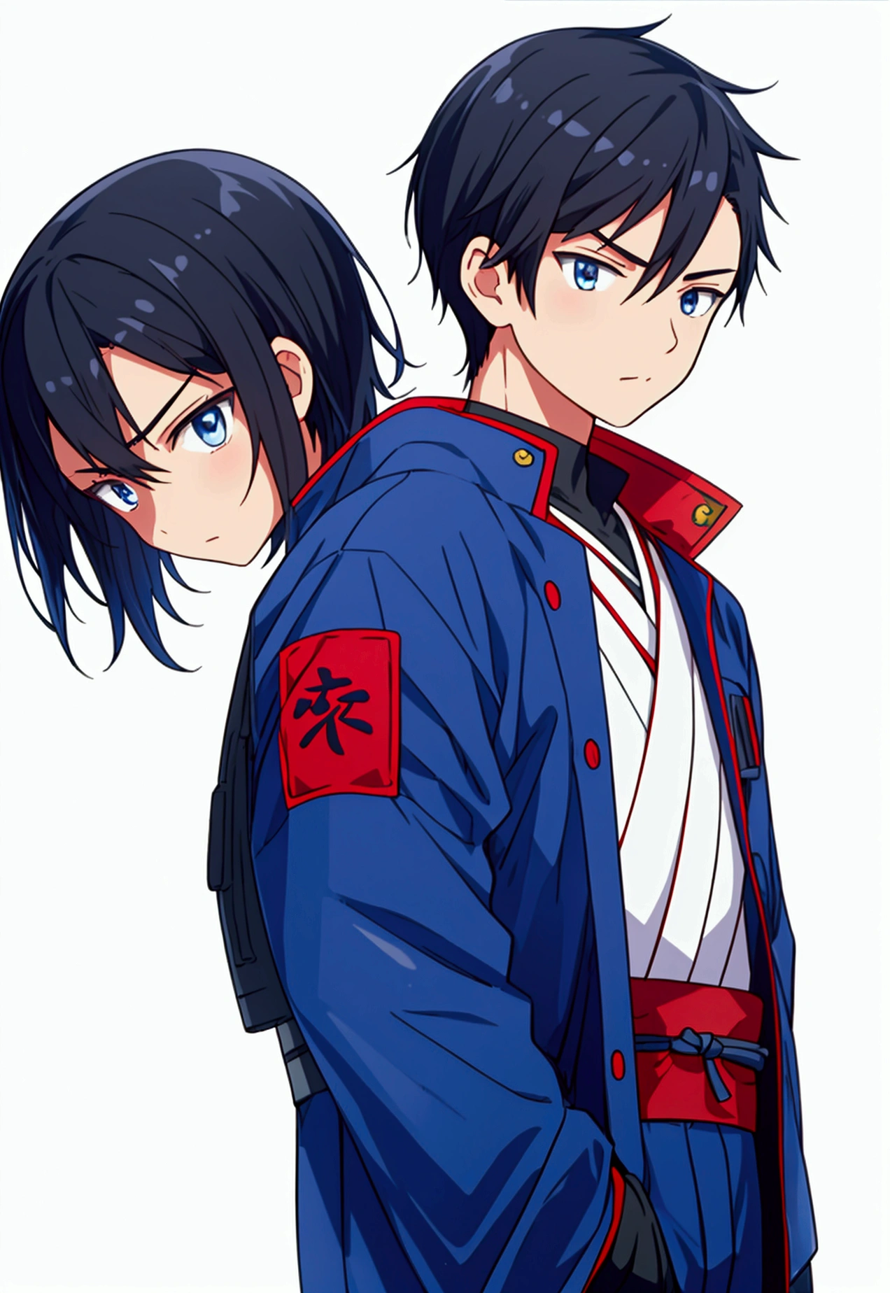 (Best quality), simple background, Japanese novel cover, a boy, short black hair, jacket, looking into the distance, missing his sister, blue jacket, fierce eyes,