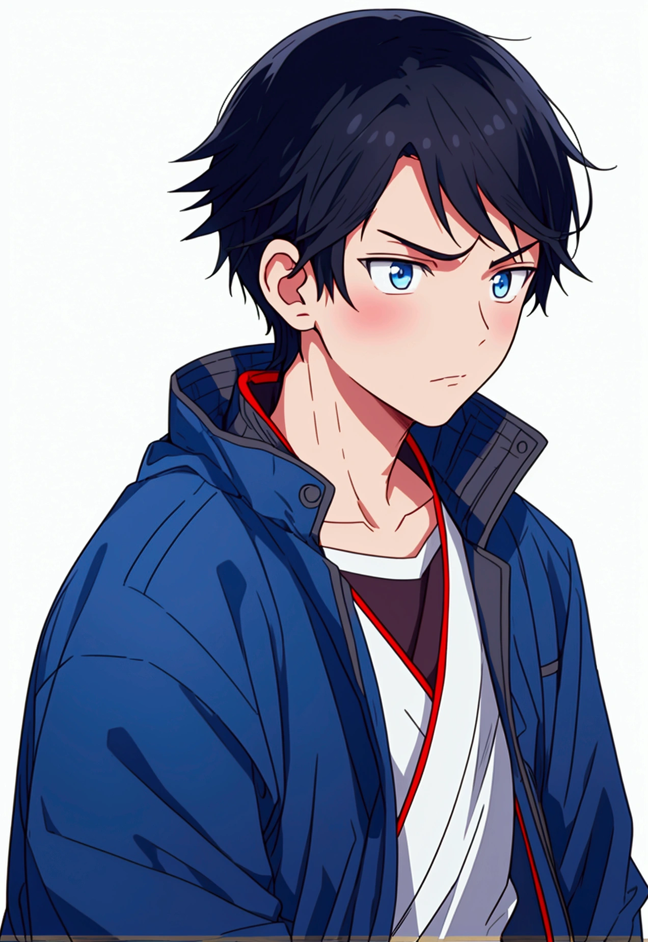 (Best quality), simple background, Japanese novel cover, a boy, short black hair, jacket, looking into the distance, missing his sister, blue jacket, fierce eyes,