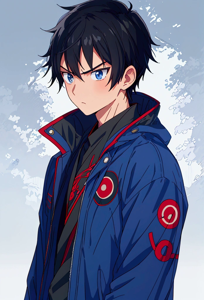 (Best quality), simple background, Japanese novel cover, a boy, short black hair, jacket, looking into the distance, missing his sister, blue jacket, fierce eyes,