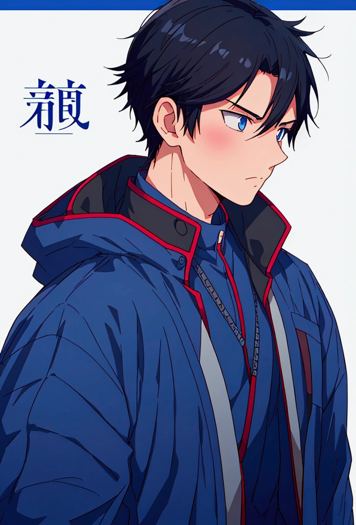 (Best quality), simple background, Japanese novel cover, a boy, short black hair, jacket, looking into the distance, missing his sister, blue jacket, fierce eyes,