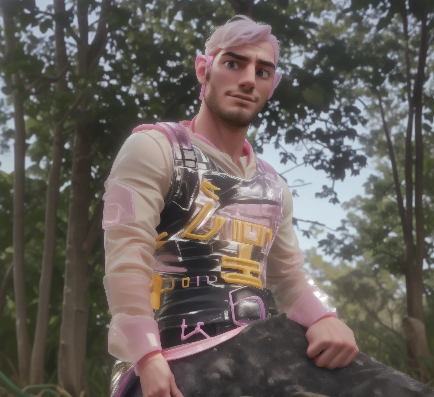 RAW Photo, BarbieCore, a photo of a man RG0sl1ng wearing a (pink and white:1) (pastel:1) cowboy outfit on a ranch standing in front of a (barbie:1) fence wearing a cowboy hat, (shiny plastic:1),(toy model)