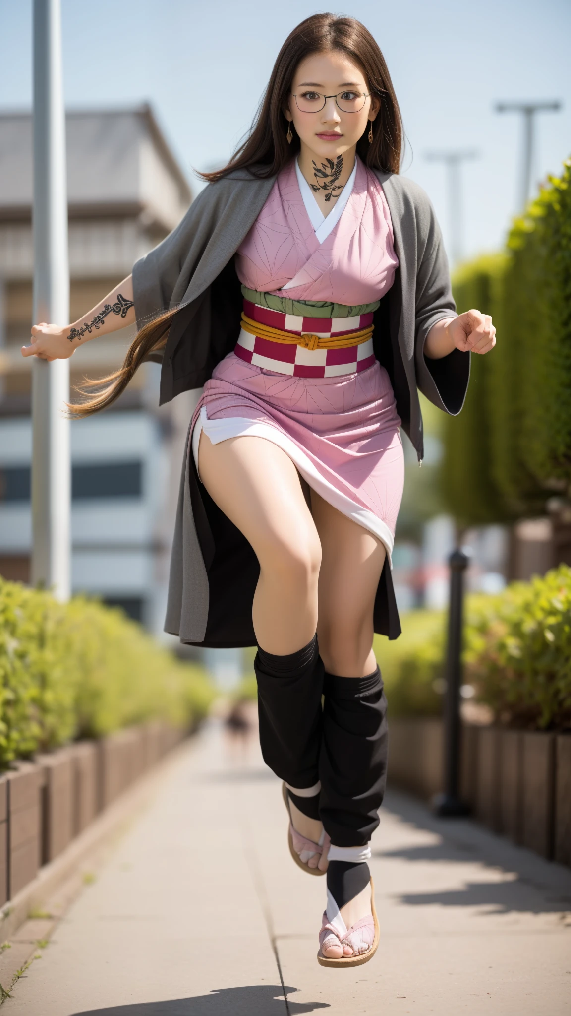 Cute Japanese female, (16 years old), (Very cute face), white moist skin, looking at camera, melancholy expression, (Pink bright eyes: 1.4), (Black rimmed glasses: 1.3)
BREAK,
(Parkour), (Very beautiful berserker female: 1.3), (Dynamic pose: 1.3),
BREAK,
(Wearing pink cute kimono: 1.3), (Highly revealing kimono), Very big earrings, Short length, (Black grass tattoo on body: 1.3),
BREAK,
(Super long hair), (Light gray hair: 1.4), (Wavy hair), (Gradient hair: 1.3), (Red tips: 1.3),
BREAK,
(Realistic: 1.3), Masterpiece, Perfect lighting, (Ultra high resolution), (8K), (Very detailed: 1.4), (From the front), (Full body: 1.4), (Symmetrical: 1.2), (One cut),
BREAK,
(Big cities in Japan: 1.2),