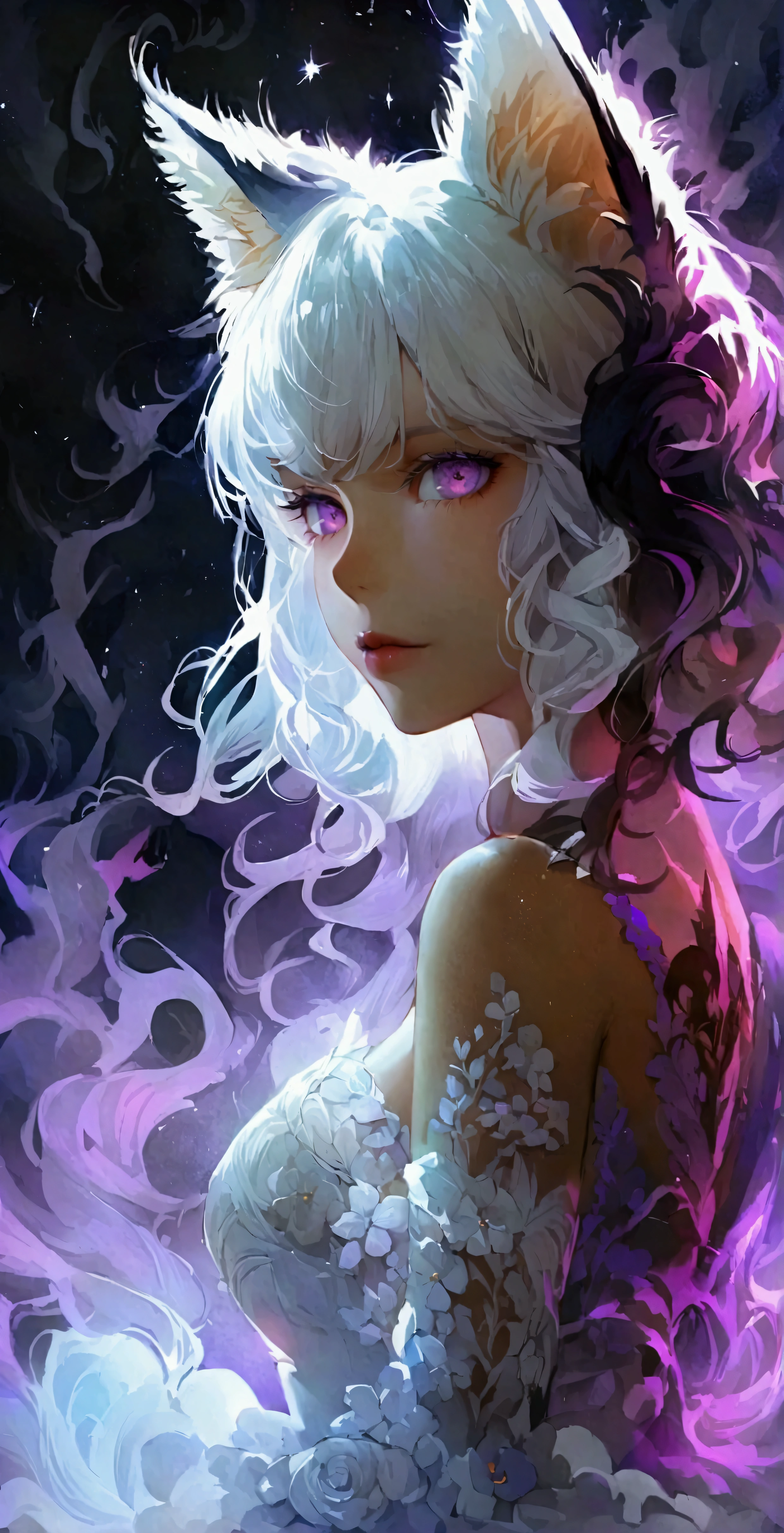 Knee-length wavy hair,White hair is charming, Detailed and precise manual work, Attractive girl, White cat ears,, Purple eyes and white eyelashes,Black Wings,Dark night sky,Dress, Smoke surrounds the body