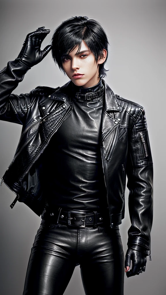 Final fantasy taste and reality graphics, ((Japanese young cute and cool ikemen boy)), his age is early 20s, thin eyebrows and beady eyes, ((he wearing black color leather thick and heavy material jacket)), ((jacket is single brest)), ((biker style jacket)), ((jacket is large size)),((with epaulet)), ((jacket is long sleeve)), ((zipped front of the leather jacket)), , ((voluminous leather jacket)), ,((must jacket is high length and stand-up collar)) ((jacket collar with two belts)), ((jacket is a little black color line pattern)), ((also wearing black thick material turtleneck lackluster shirts)), ((tight black leather pants)), ((put black leather tight and thin glove on both hands)), ((black leather glove)),((black leather knee-high raceup boots)),((must views head-to-toe)),((must views whole body)), ,((Do not show skin from the neck down)),leather jacket leather glove and leather pants have few wrinkles, Avoid showing your innerwear,zip up jacket fastner.must put on a leather glove.
Boy is black hair.boy looks like fashion model.
Boy in the dim room.