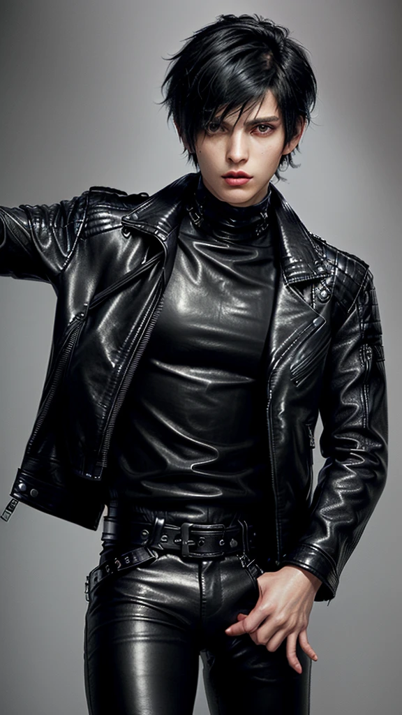Final fantasy taste and reality graphics, ((Japanese young cute and cool ikemen boy)), his age is early 20s, thin eyebrows and beady eyes, ((he wearing black color leather thick and heavy material jacket)), ((jacket is single brest)), ((biker style jacket)), ((jacket is large size)),((with epaulet)), ((jacket is long sleeve)), ((zipped front of the leather jacket)), , ((voluminous leather jacket)), ,((must jacket is high length and stand-up collar)) ((jacket collar with two belts)), ((jacket is a little black color line pattern)), ((also wearing black thick material turtleneck lackluster shirts)), ((tight black leather pants)), ((put black leather tight and thin glove on both hands)), ((black leather glove)),((black leather knee-high raceup boots)),((must views head-to-toe)),((must views whole body)), ,((Do not show skin from the neck down)),leather jacket leather glove and leather pants have few wrinkles, Avoid showing your innerwear,zip up jacket fastner.must put on a leather glove.
Boy is black hair.boy looks like fashion model.
Boy in the dim room.