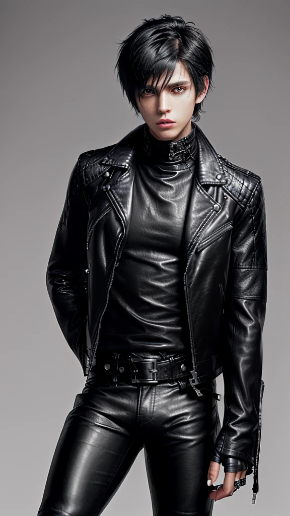 Final fantasy taste and reality graphics, ((Japanese young cute and cool ikemen boy)), his age is early 20s, thin eyebrows and beady eyes, ((he wearing black color leather thick and heavy material jacket)), ((jacket is single brest)), ((biker style jacket)), ((jacket is large size)),((with epaulet)), ((jacket is long sleeve)), ((zipped front of the leather jacket)), , ((voluminous leather jacket)), ,((must jacket is high length and stand-up collar)) ((jacket collar with two belts)), ((jacket is a little black color line pattern)), ((also wearing black thick material turtleneck lackluster shirts)), ((tight black leather pants)), ((put black leather tight and thin glove on both hands)), ((black leather glove)),((black leather knee-high raceup boots)),((must views head-to-toe)),((must views whole body)), ,((Do not show skin from the neck down)),leather jacket leather glove and leather pants have few wrinkles, Avoid showing your innerwear,zip up jacket fastner.must put on a leather glove.
Boy is black hair.boy looks like fashion model.
Boy in the dim room.