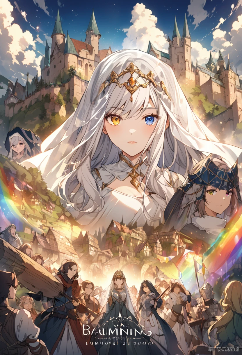 sakimiChanStyle, Urop Style, Portraiture, Detailed painted face, Beautiful woman, Fuller lips, Opaque Veil, Medieval Veil, Head rail, 12th century, Eyes with heterochromia, Rainbow Eyes, Medieval costume, Brot, Lord of the Rings Gown, Near perfect, Beautiful anime style, Character Panorama, Beautiful and detailed face, Shining Shadow, Beautiful gradation, Depth of written boundary, Beautiful graphics, high quality, Attention to detail, High resolution, Luminous Studio Graphics Engine