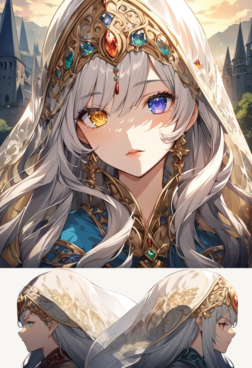 sakimiChanStyle, Urop Style, Portraiture, Detailed painted face, Beautiful woman, Fuller lips, Opaque Veil, Medieval Veil, Head rail, 12th century, Eyes with heterochromia, Rainbow Eyes, Medieval costume, Brot, Lord of the Rings Gown, Near perfect, Beautiful anime style, Character Panorama, Beautiful and detailed face, Shining Shadow, Beautiful gradation, Depth of written boundary, Beautiful graphics, high quality, Attention to detail, High resolution, Luminous Studio Graphics Engine