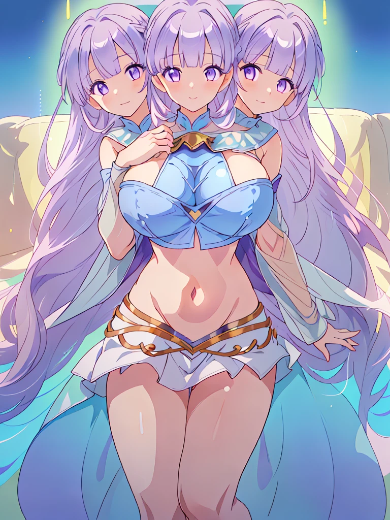 (masterpiece, best quality), best resolution, (3heads:1.5), 1girl, FESophia, light purple hair, flowing hair, smiling, soft smile, open belly, light blue crop top, light blue miniskirt, open breasts, very huge tits, sexy pose, beautiful eyes, headband, blue eyes, alluring presence, beautiful eyes, detailed eyes, sleeveless, 
