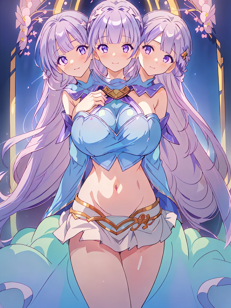 (masterpiece, best quality), best resolution, (3heads:1.5), 1girl, FESophia, light purple hair, flowing hair, smiling, soft smile, open belly, light blue crop top, light blue miniskirt, open breasts, very huge tits, sexy pose, beautiful eyes, headband, blue eyes, alluring presence, beautiful eyes, detailed eyes, sleeveless, 
