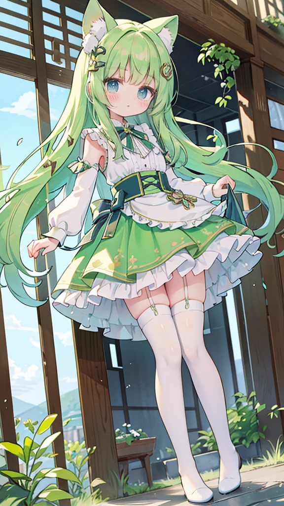 NSFW,((1man with 1woman,Having sex)),stick out buttocks,light green hair,Green and white dresses are decorated with gold ornaments，small tits,Lori,tiny girl,Tiara on the head,Curvaceous,Whip thighs,garter strap,white knee-socks,Light and dignified, Cute, Top image quality,masutepiece