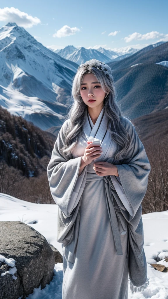 Snow Woman、Gray Hair、White kimono、long hair、Snow Mountain、Snowstorm