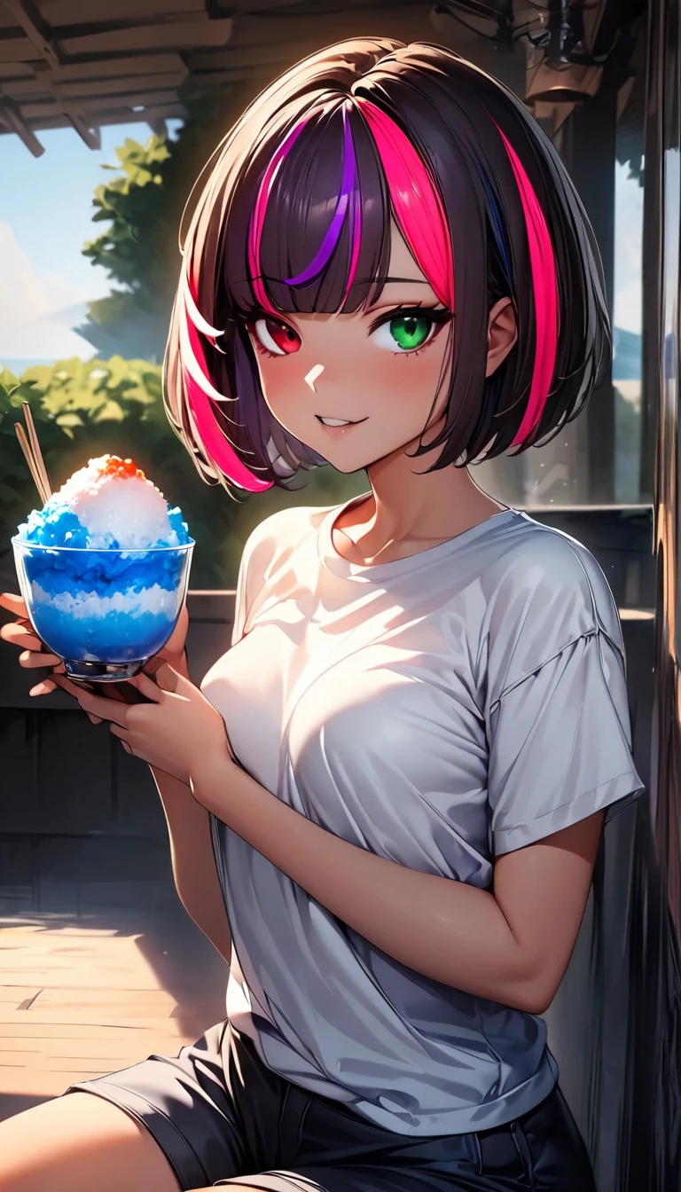 (highest quality:1.2, Very detailed, up to date, Vibrant, Ultra-high resolution, High Contrast, masterpiece:1.2, highest quality, Best aesthetics), Portraiture、girl、solo, (25-years-old:1), slim, , heterrochromia, green eye, red eye, Bright colors、Beautiful fine details、Beautiful lip detail、extra short hair, ((bob cut:1.5))、pink and purple, ((streaked hair:1.9)), (highlights hair: 1.6), (small breast:0.7), t-shirt, loose fit, short pants, Eating shaved ice in a glass bowl, sit in the seaside cafe terrace, cowboy shot:1,