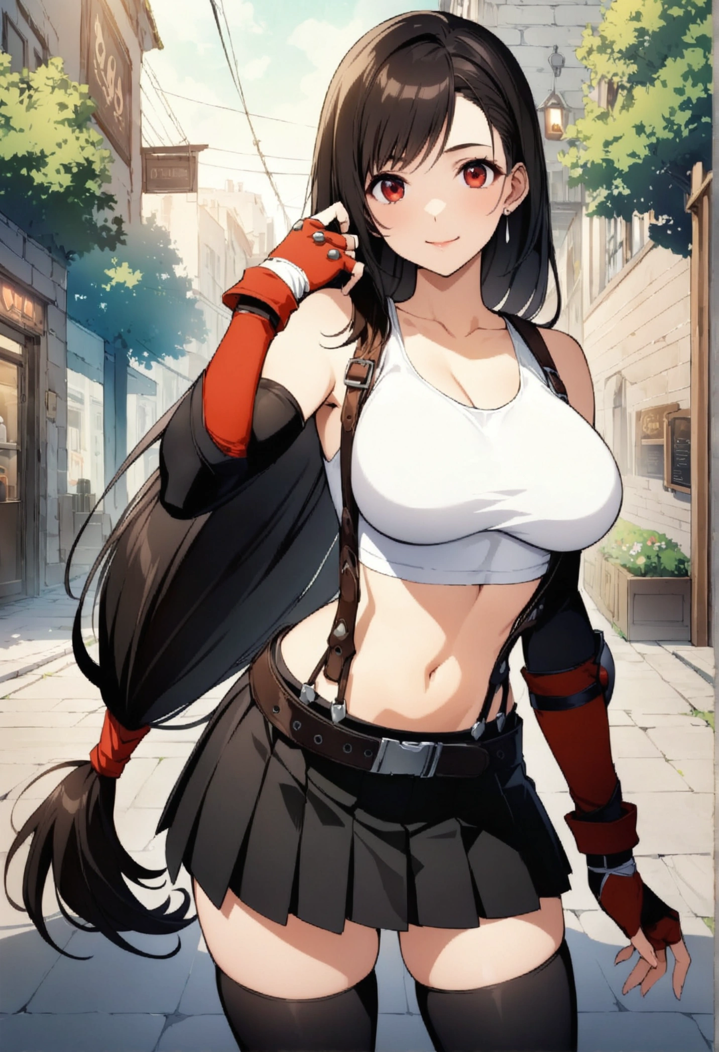 score_9, score_8_up, score_7_up, (best quality), masterpiece,perfect anatomy,(aesthetic,very aesthetic),(official art,illustration,ultra-high resolution,8k), 1girl, tifa lockhart, final fantasy,(beautiful woman).tareme, black hair, low-tied long hair, red eyes, bangs, white tank top,gap, belt, pleated skirt, thighhighs, elbow fingerless gloves, elbow pads, midriff, navel,suspender skirt.zettai ryouiki ,straight-on,,(large_breasts),Solo,mediumshot,looking_at_viewer,,,,cafe and bar,,(Composition),stylish pose,