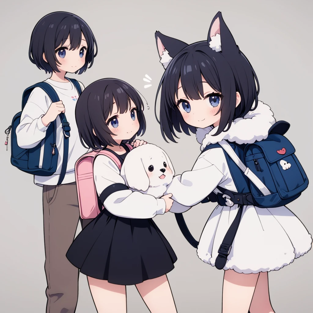 Create a cute cartoon-style image of a small girl in a  with a large fluffy white dog. The girl should have short black hair and a backpack. The dog should look friendly and happy. The background should be simple and cheerful.