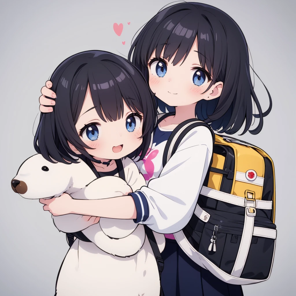 Create a cute cartoon-style image of a girl in a with a large fluffy white dog. The girl should have short black hair and a backpack. The dog should look friendly and happy. The background should be simple and cheerful.