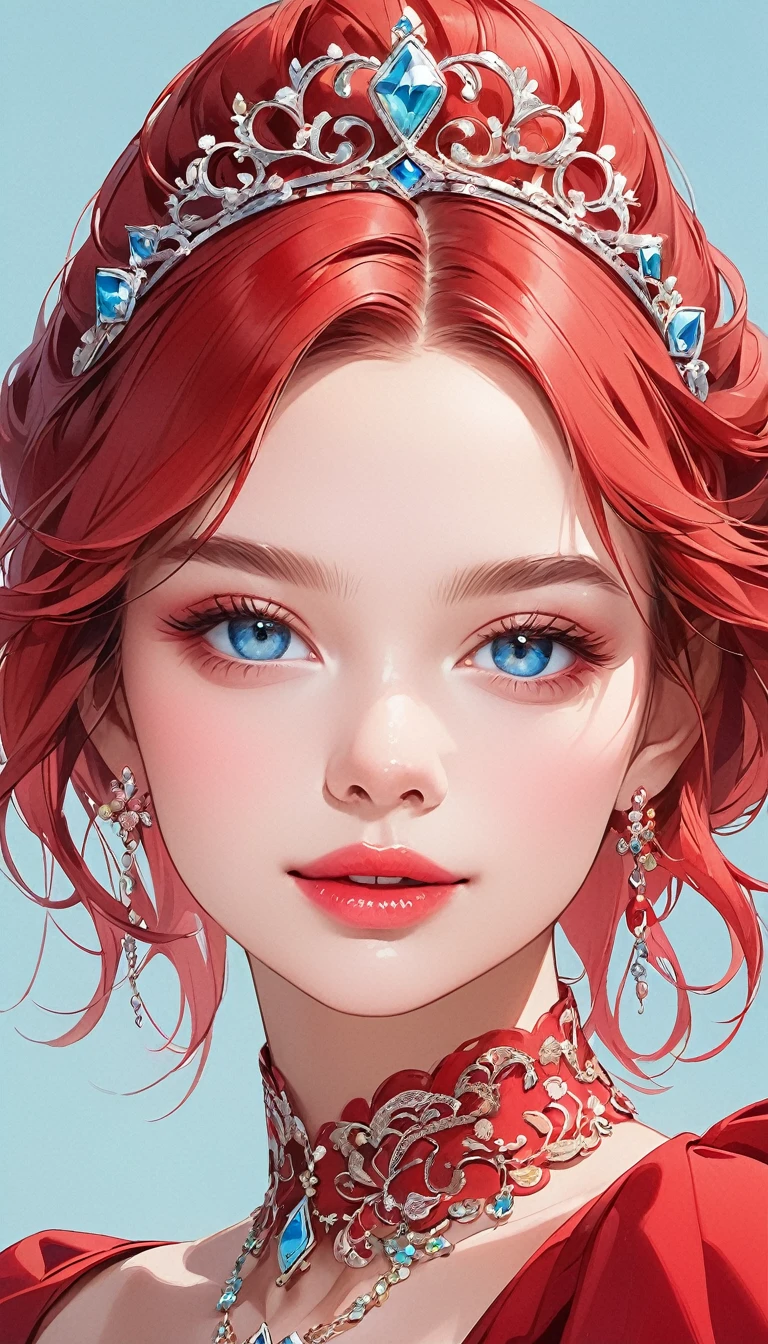 the image the computer generated image of a woman in a tiara wearing a red dress, 1girl, blue eyes, solo, looking at viewer, lips, tiara,red hair,smile,