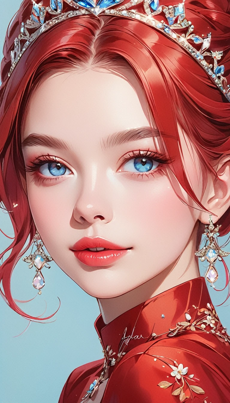 the image the computer generated image of a woman in a tiara wearing a red dress, 1girl, blue eyes, solo, looking at viewer, lips, tiara,red hair,smile,