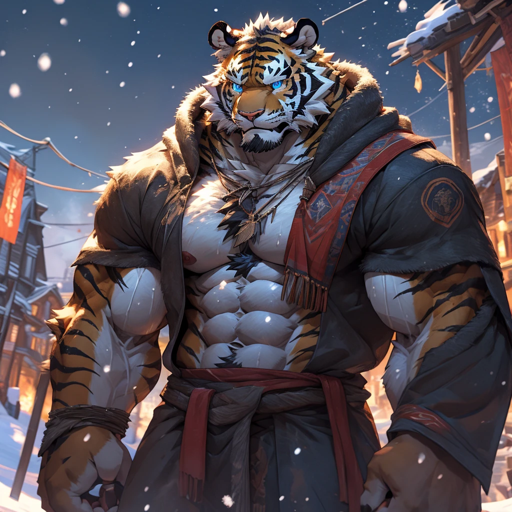 sweaty muscular torso naked snowing swan feathers heavy snow winter village furry anthropomorphic chest hair serious face（Scars on the face） Mature （blue eyes）Huge muscle ripped abs wild，Tiger of tribal ambition
