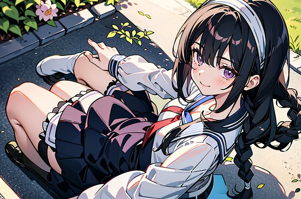 Sailor Suit, A woman, (A beautiful woman, Delicate female student:1.3), 8K, best quality, masterpiece, Very detailed, Ultra-high resolution, Practical, RAW photos, Absolute resolution, Black Hair, Braided hair, The face is small relative to the body, The face is so small, Black Hair, navy blue sSailor Suit, Navy blue skirt, High school girl wearing a sSailor Suit, Anime 2D Rendering, Practical若いアニメの女子高生, , ((White headband)), Position viewed from above, Small Breasts, High target, Slanted eyes, Purple Eyes, Black stockings, Garter belt, Smile, sitting under a cherry tree,