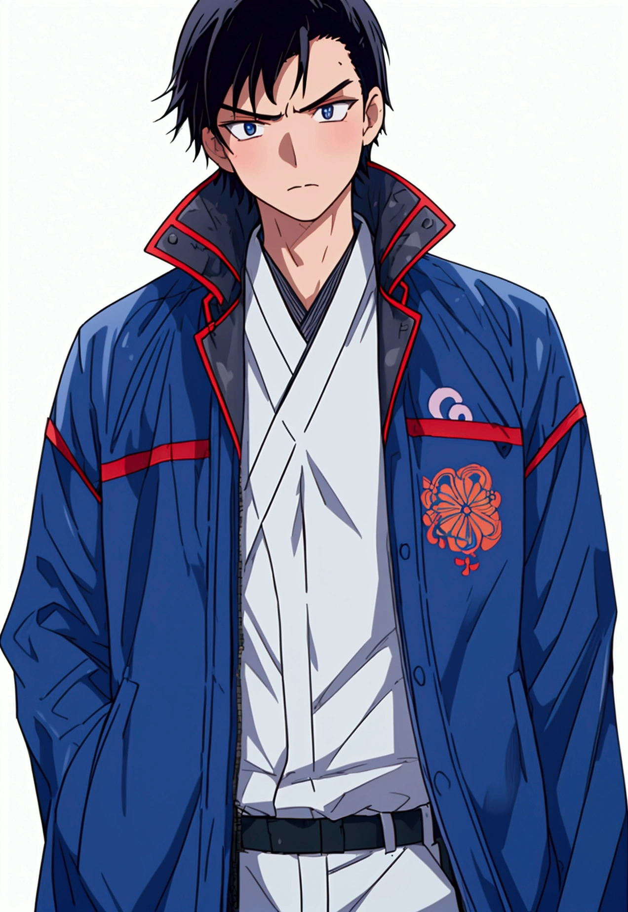(Best quality), simple background, Japanese novel cover, a boy, short black hair, jacket, looking into the distance, missing his sister, blue jacket, fierce eyes,