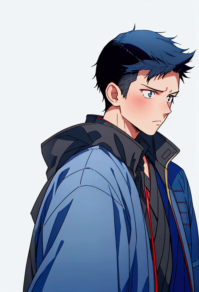 (Best quality), simple background, Japanese novel cover, a boy, short black hair, jacket, looking into the distance, missing his sister, blue jacket, fierce eyes,