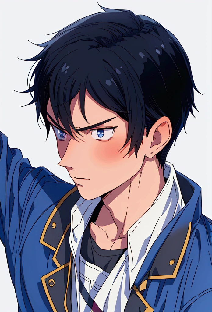 (Best quality), simple background, Japanese novel cover, a boy, short black hair, jacket, looking into the distance, missing his sister, blue jacket, fierce eyes,