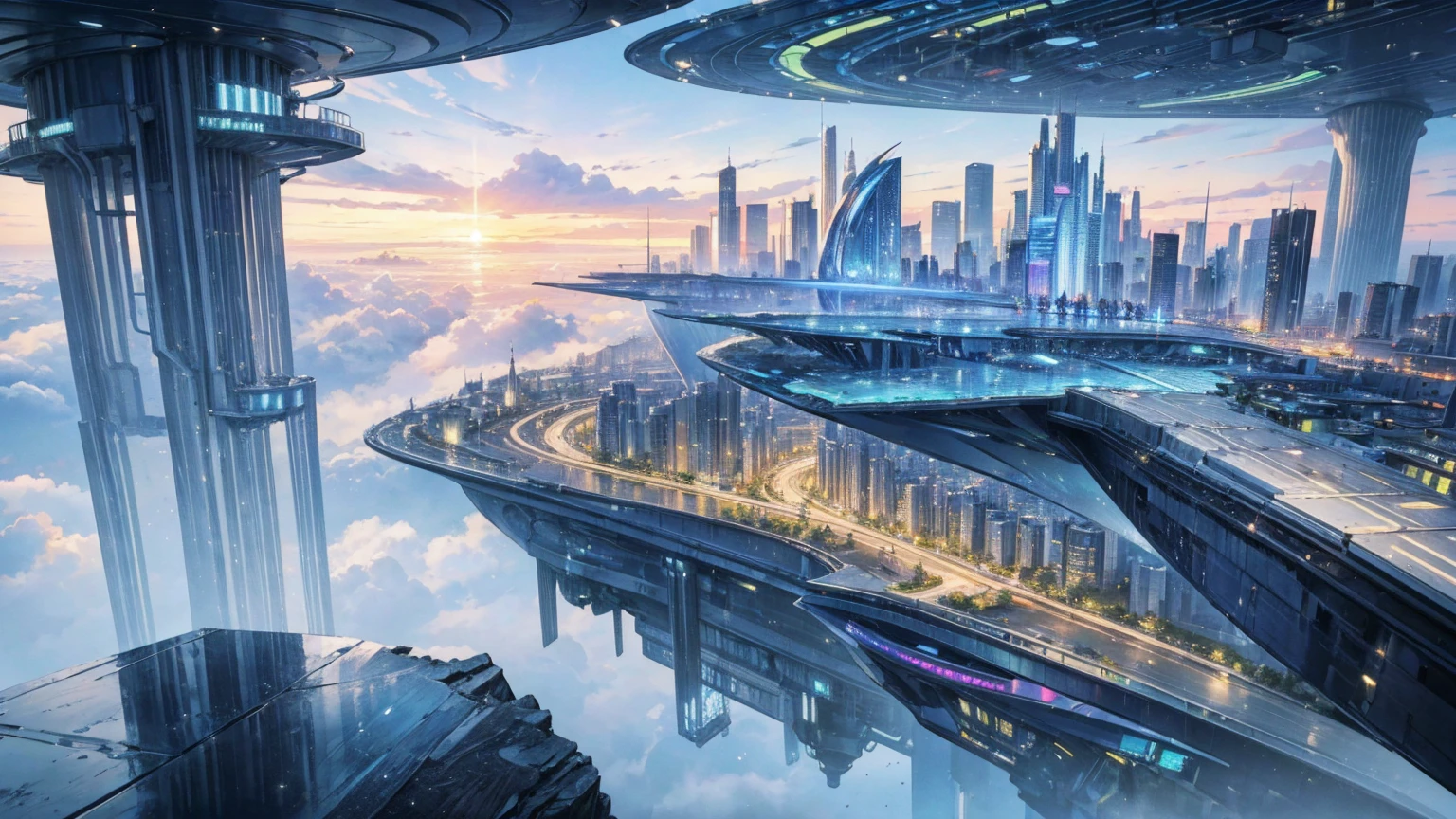 (Best quality,4K,8K,A high resolution,Masterpiece:1.2),Ultra-detailed,(Realistic,Photorealistic,photo-realistic:1.37),Futuristic floating city,Futuristic technology,Huge urban high-tech tablet platform,Airship,Floating in the sky,Futuristic city,Small airships around,High-tech hemispherical platform,Colorful lights,Advanced architecture,modernn architecture,skyscrapper,Access the cloud,Scenic beauty,view over city,Impressive design,Blend seamlessly with nature,energetic and vibrant atmosphere,Futuristic transportation system,Parking is suspended,Transparent path,Lush greenery,Sky gardens,cascading waterfalls,Magnificent skyline,reflections on the water,Sparkling river,Architectural innovation,futuristic skyscrapers,Transparent dome,The shape of the building is unusual,Elevated walkway,Impressive skyline,Glowing lights,Futuristic technology,Minimalist design,Scenic spots,Panoramic view,Cloud Piercing Tower,Vibrant colors,epic sunrise,epic sunset,Dazzling light display,magical ambiance,The future city,Urban Utopia,LuxuryLifestyle,Innovative energy,sustainable development,Smart city technology,Advanced infrastructure,Tranquil atmosphere,Nature and technology live in harmony,Awesome cityscape,Unprecedented urban planning,Architecture connects seamlessly with nature,High-tech metropolis,A cutting-edge engineering marvel,The future of urban living,Visionary architectural concept,Energy-efficient buildings,Harmony with the environment,A city floating above the clouds,Utopian dreams become reality,The possibilities are endless,State-of-the-art transportation network,Green energy integration,Innovative materials,Impressive holographic display,Advanced communication system,Breathtaking aerial view,Quiet and peaceful environment,Modernist aesthetics,Ethereal beauty