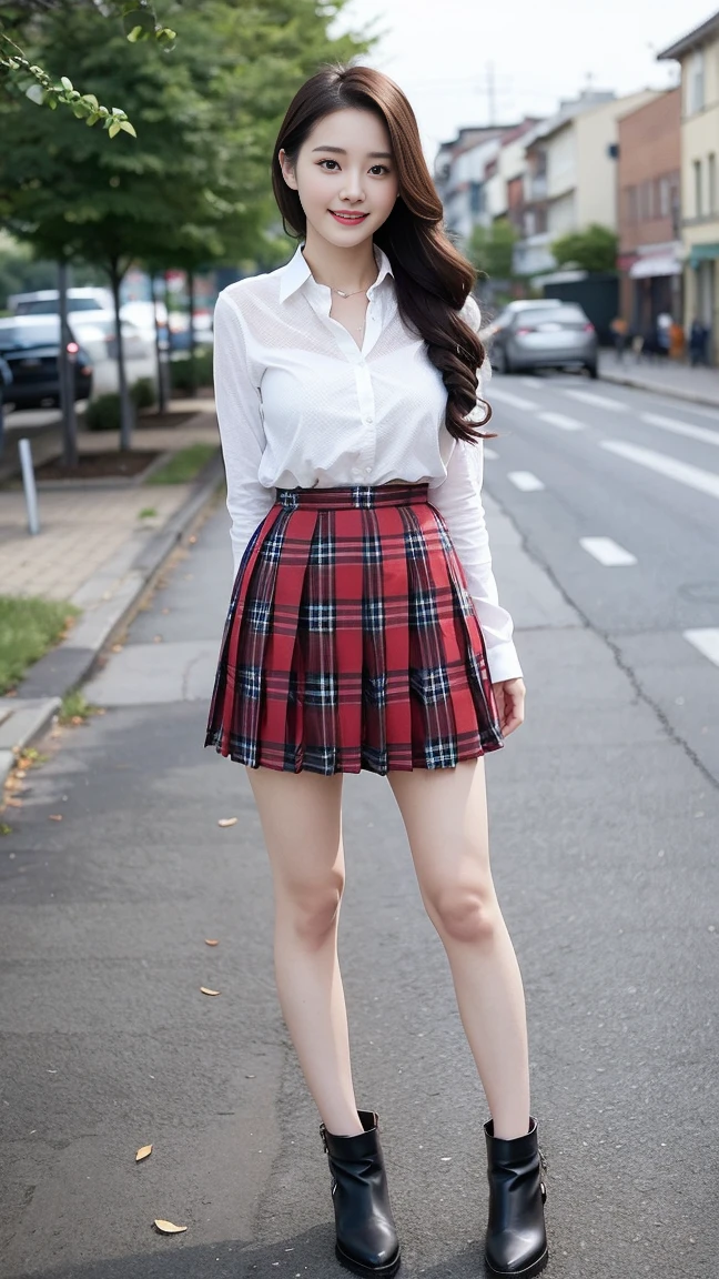  Wearing a white shirt， girl, （tight top：1.5），close your mouth and smile，legs long，, (Dark red plaid pleated skirt:1.5),，White skin of the，high high quality，4K, Face-to-face audience, 1 plump girl，hair tying up，at the street side，（Bring your legs together：1.5），with a round face， 32 inches in the chest, (sexy pose),(standing pose) ,(full body shot)、Chest 32 inches, ,Stand on the grass and take pictures