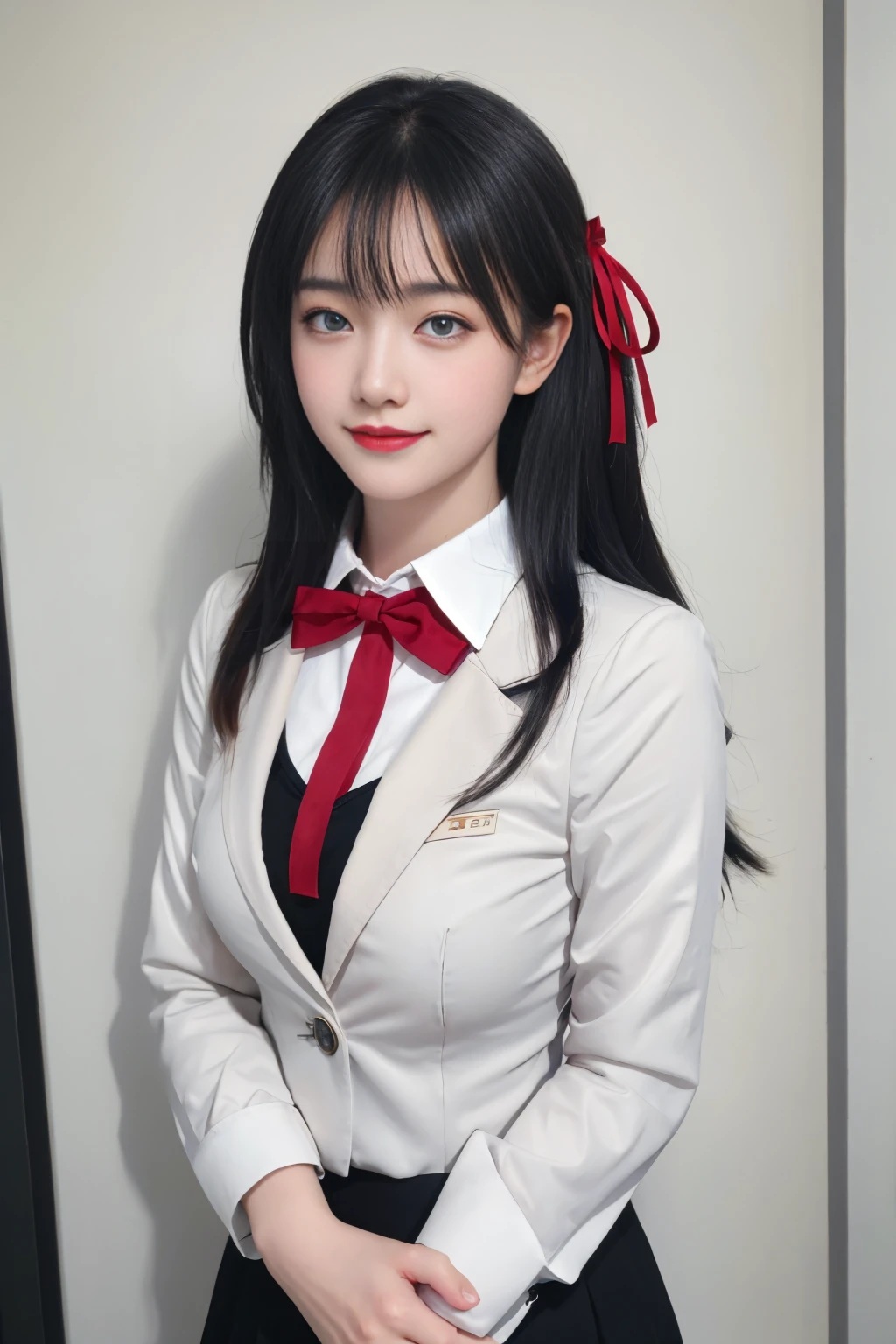 ulzzang-6500-v1.1,(raw photo:1.2),((photorealistic:1.30)), ((best quality)) ,((masterpiece)),((Ultra High Resolution)), ((Clear View)),,Ultra-high resolution,Clear face,(Reality:1.4) , illustration, an extremely delicate and beautiful, extremely detailed ,CG ,unity ,8k wallpaper, Amazing, finely detail, masterpiece,best quality,official art,extremely detailed CG unity 8k wallpaper,absurdres, incredibly absurdres, huge filesize, ultra-detailed, highres, extremely detailed,beautiful detailed girl, extremely detailed eyes and face, beautiful detailed eyes,light on face,cinematic lighting, 1girl, 独奏, bangs, alya(roshidere), white hair, long hair, bangs, Blue eyes, hair ribbon, ahoge, red ribbon, skirt, shirt, long sleeves, bow, , jacket, white shirt, pleated skirt, collared shirt, bowtie, black skirt, red bow, red bowtie, blazer, grey blazer, long sleeves, upper body view, crossed arms, smile,