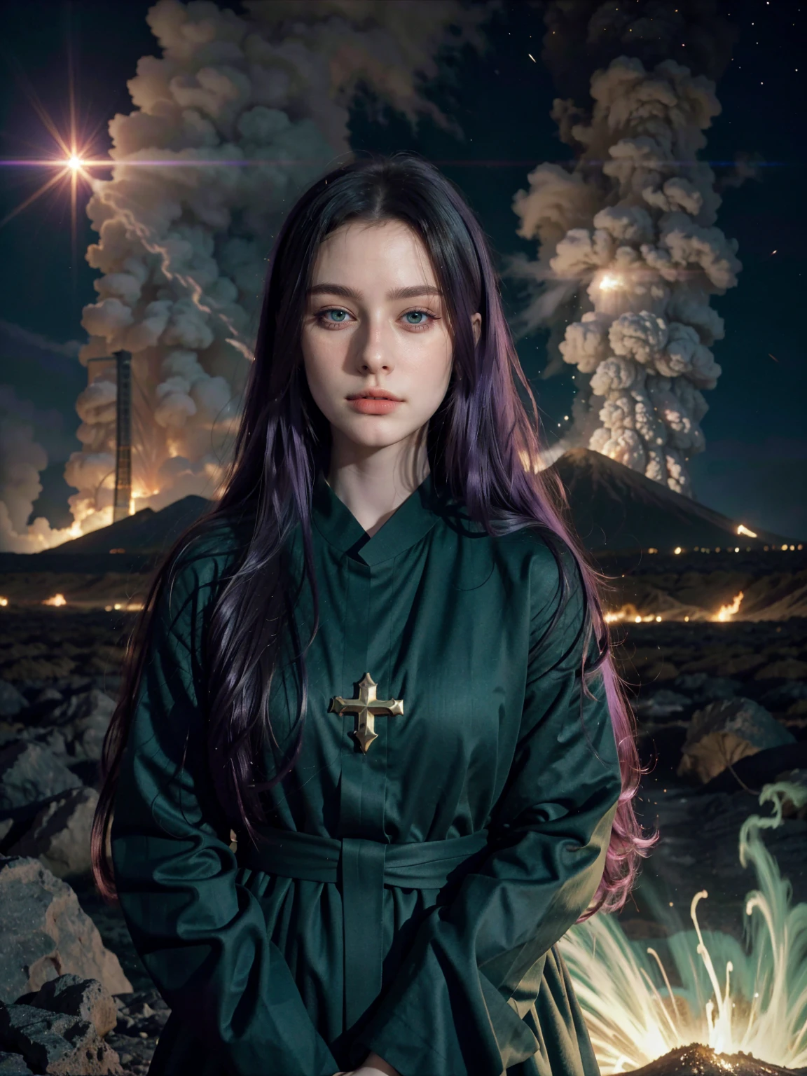 (8k), (highest quality), (best details)Milky Way、purple hair、green eyes、Put on the cassock and pray to God、church、very long hair、Beautiful French woman、NOT Dasha Taran, supernova explosion、Volcanic eruptions、catastrophe、Photography, photorealistic