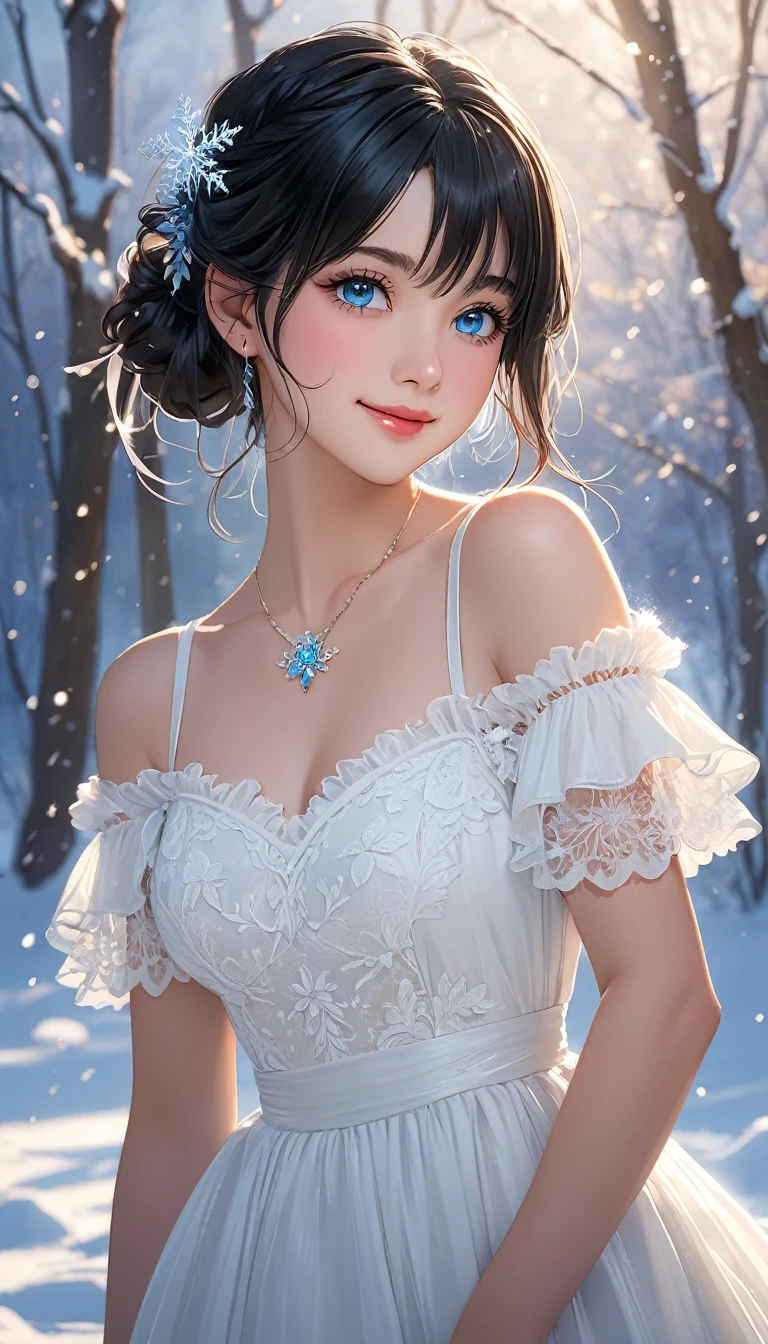 (((masterpiece))),best quality,illustration,4k wallpaper,movie lighting,absurd,1 girl,(snow,ice),in winter,blue eyes,black hair,shiny hair,medium hair,white dress,frills,lace,leave_Shoulder,hair tie,masterpiece,telephoto lens,absurd,Exquisite face,features,natural light,soft light,(Seven-part combination),epic,Dreamy and magical,mystery,shy,smile,