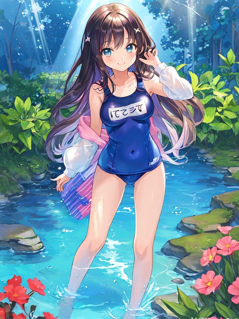 ((masterpiece)), ((best quality)), (ultra-detailed), ((kawaii)), cute, (lovely), illustration, anime style, 1girl, cute girl, solo, full body, full body focus, School poolside, outdoor, (beautiful eyes), beautiful straight hair, long hair, slim, slender, medium breast, (Dark blue school swimsuit), seductive smile, dynamic pose, (Innocence and frolicking:1.4), (light rays:1.3).