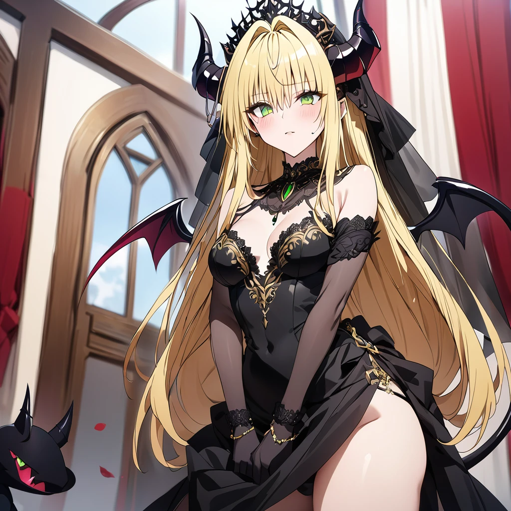 ((Highest quality)), ((masterpiece)), (detailed), （Perfect Face）、（（An evil, jet-black demon with jet-black skin.））、The woman was a beautiful, jet-black archdemon with jet-black skin, the evil queen of the demon world, Devil Queen Tiare, with green eyes, blonde medium-long hair, a gorgeous black wedding dress with gold embroidery and trim, a black wedding veil, an engagement ring, and luxurious accessories, and was a beautiful, elegant archdemon, the Demon Queen, lavishly decorated and jeweled.、A beautiful, jet-black-skinned demon with magnificent devil horns, devil wings, and a devil tail.