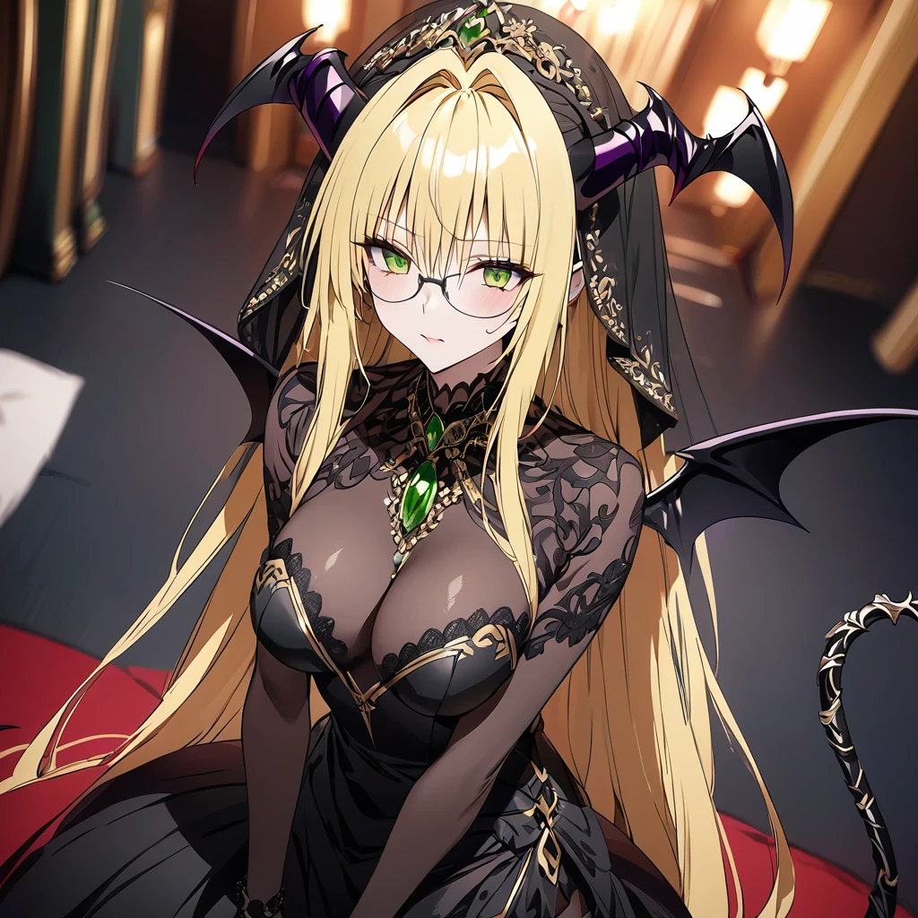 ((Highest quality)), ((masterpiece)), (detailed), (Perfect Face)、((An evil, jet-black demon with jet-black skin.))、The woman was a beautiful, jet-black archdemon with jet-black skin, the evil queen of the demon world, Devil Queen Tiare, with green eyes, blonde medium-long hair, a gorgeous black wedding dress with gold embroidery and trim, a black wedding veil, an engagement ring, and luxurious accessories, and was a beautiful, elegant archdemon, the Demon Queen, lavishly decorated and jeweled.、A beautiful, jet-black-skinned demon with magnificent devil horns, devil wings, and a devil tail.