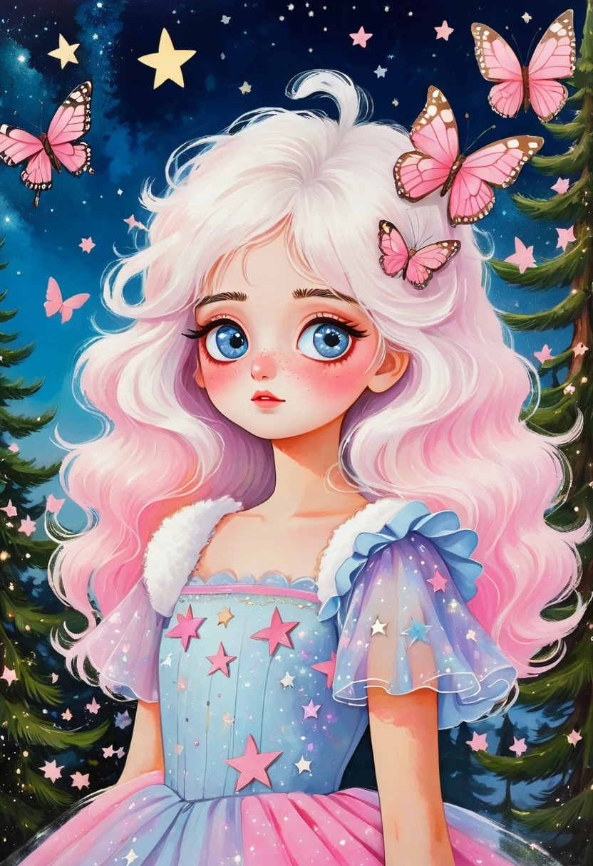 Rafael Silveira Collage Painting：Girl Portrait，Big eyes with stars in them，White fluffy hair，There is a pine tree on my shoulders，Princess dress，Butterflies in the sky，Luminescence，Soft pink