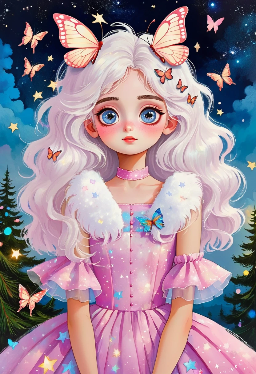 Rafael Silveira Collage Painting:Girl Portrait,Big eyes with stars in them,White fluffy hair,There is a pine tree on my shoulders,Princess dress,Butterflies in the sky,Luminescence,Soft pink
