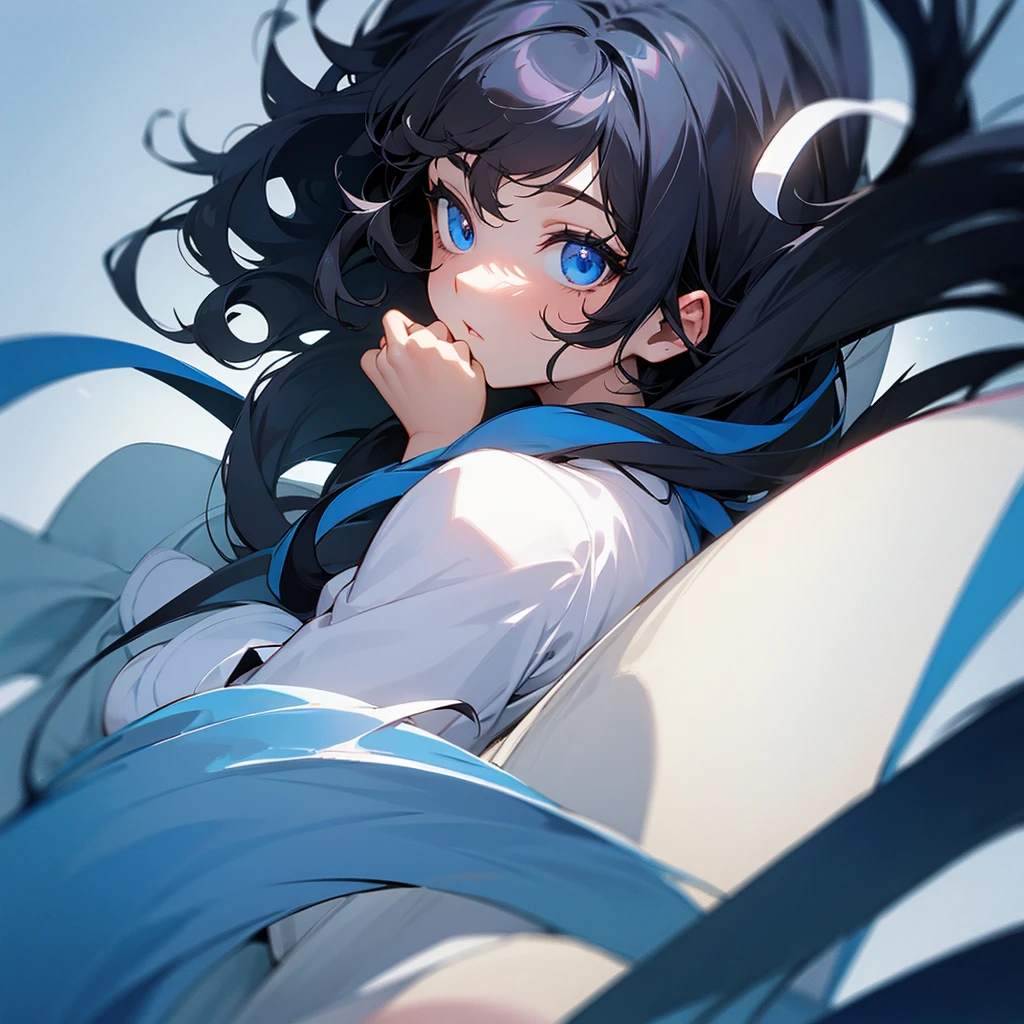 A 15-year-old girl, with straight, dark brown hair. She has fair skin and is beautiful. Her personality is extroverted She is wearing a dress with white and blue colors. The image is in the drawing style of the anime Kimetsu no Yaiba. And his eyes are dark brown in color. The hair is long and straight. And his eyes are dark brown, not blue.