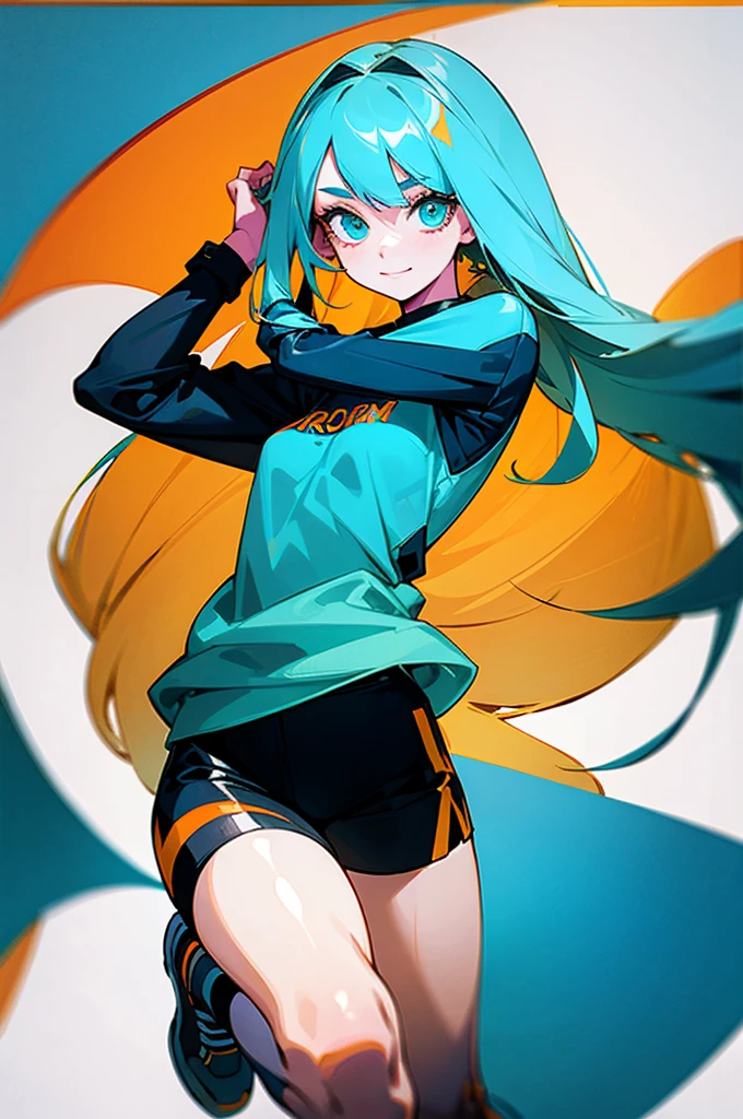 18 year old beautiful girl, long cyan hair, big cyan eyes, small breasts, and slender, 8K, top quality, (very detailed head: 1.0), (very detailed face: 1.0), (very detailed hair: 1.0), orange t shirt, black shorts, cyan air jordan shoes, orange socks, very detailed official artwork, anime moe art style, clean detailed anime art, smile, golden hair, smooth long hair with white background