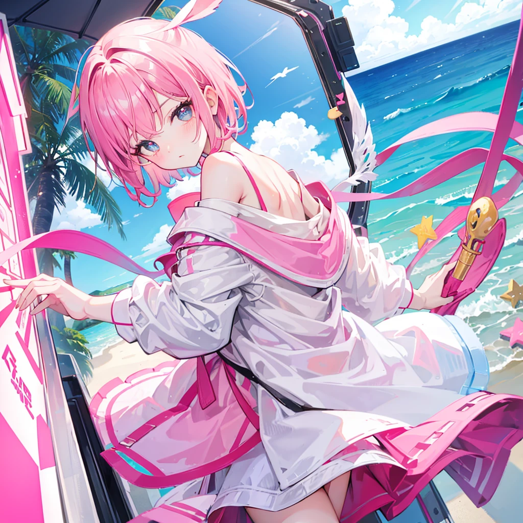 Extreme close-up, Pink and White Off-Shoulder Short Hair,return々Cute girl, at an arcade