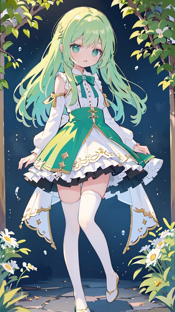 idol, yuri, beautiful girl,masterpiece,best quality,official art,Extremely detailed CG unified 8K wallpaper, A girl with light green ink hair color,Green dress,mini skirt,Her green mini skirt was blown up by the wind,shy,Awkward,The wind blows to the front,Looking shyly at the audience 1.3),((Wearing white stockings 1.3)),No shoes,Press the skirt in front with your hands 1.3)