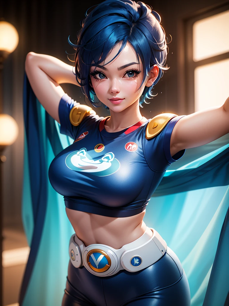 (at night), in a video game scene, a background of a beautiful city during the day raining, standing at attention, semi-short blue hair, goggles on top of her head, blue shirt on her chest, she has the face of a smiling frog type logo, big belt on the waist, blue fingerless gloves, white exercise pants, ((blue hair)), 1 girl, alone, 20 years old, young woman, perfect hands, beautiful fingers, beautiful long legs, beautiful body, beautiful nose, beautiful character design, perfect face, looking at the viewer with serious gesture (focusing on his face), closed mouth, Light_Smile, official art, extremely detailed CG unity 8k wallpaper, perfect lighting, bright and colorful front lighting, skin glossy (masterpiece: 1.0), (best_quality: 1.0), ultra high resolution, 4K, ultra detailed photography, 8K, HDR, high resolution, nonsense:1.2, Kodak portra 400, film grain, blurred background, bokeh:1.2, lens flare, (vibrant_color:1.2), professional photography, (Beautiful, breasts: 1.4), (beautiful_face: 1.5), (narrow waist),
