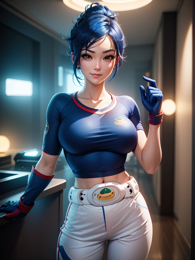 (at night), in a video game scene, a background of a beautiful city during the day raining, standing at attention, semi-short blue hair, goggles on top of her head, blue shirt on her chest, she has the face of a smiling frog type logo, big belt on the waist, blue fingerless gloves, white exercise pants, ((blue hair)), 1 girl, alone, 20 years old, young woman, perfect hands, beautiful fingers, beautiful long legs, beautiful body, beautiful nose, beautiful character design, perfect face, looking at the viewer with serious gesture (focusing on his face), closed mouth, Light_Smile, official art, extremely detailed CG unity 8k wallpaper, perfect lighting, bright and colorful front lighting, skin glossy (masterpiece: 1.0), (best_quality: 1.0), ultra high resolution, 4K, ultra detailed photography, 8K, HDR, high resolution, nonsense:1.2, Kodak portra 400, film grain, blurred background, bokeh:1.2, lens flare, (vibrant_color:1.2), professional photography, (Beautiful, breasts: 1.4), (beautiful_face: 1.5), (narrow waist),
