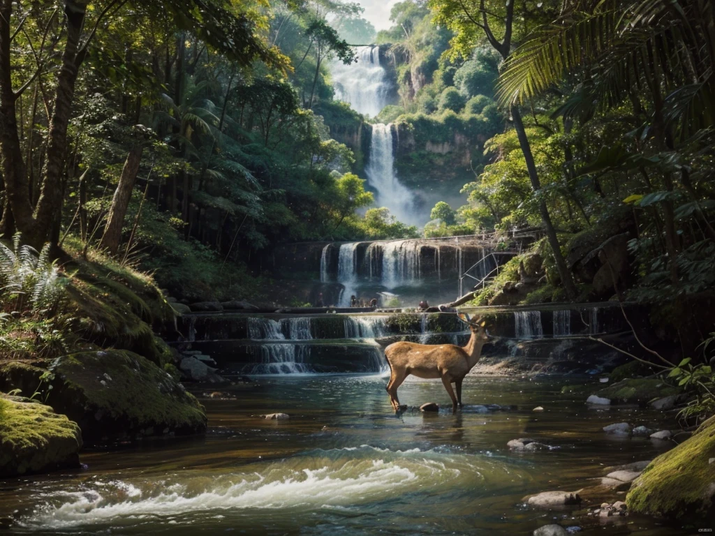 drinking deer stepping on the rock in the river