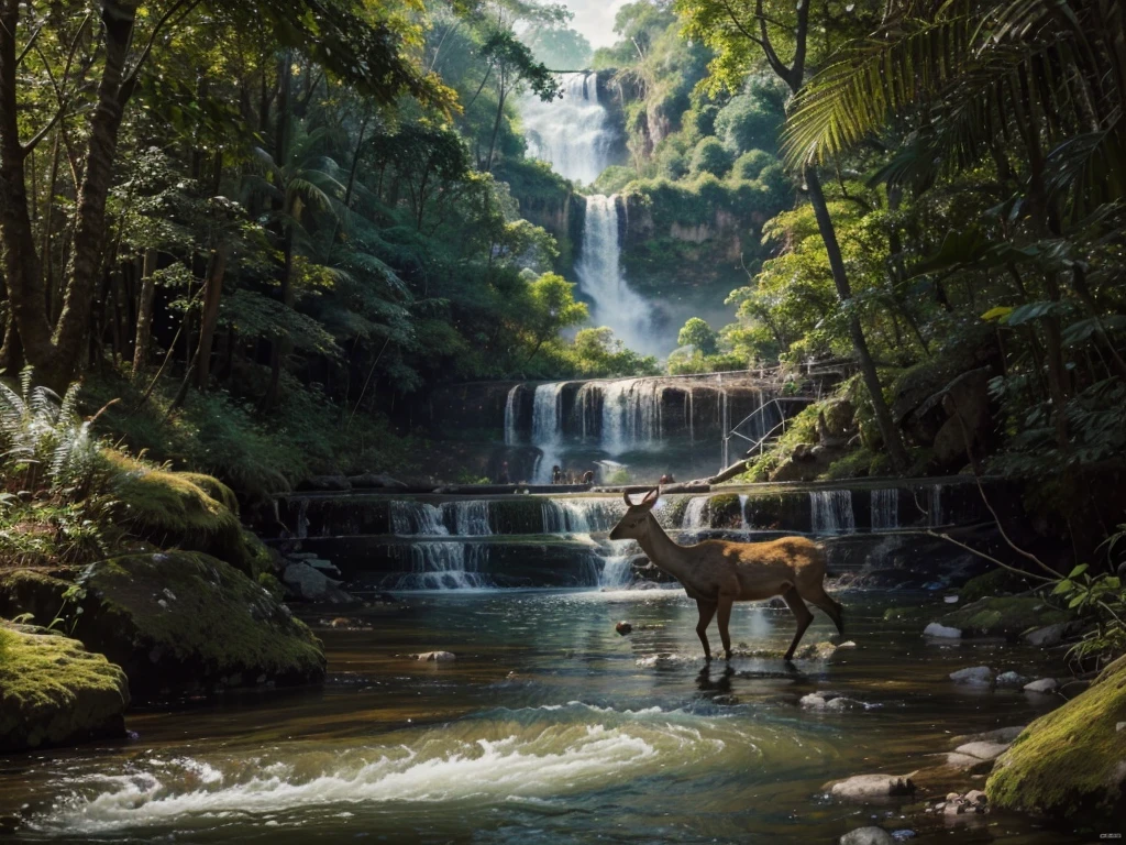 drinking deer stepping on the rock in the river
