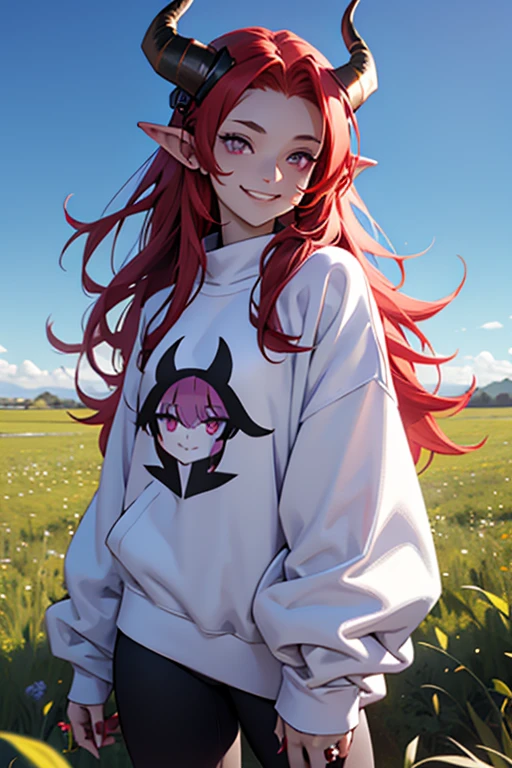 
woman, long hair, red hair, on her head she has two horns, her horns are small, ears a little pointed, violet eyes, she is smiling, wears a sweatshirt, black sweatshirt with symbols in white, wears leggings, wears two rings on her hand, the scene and in a field