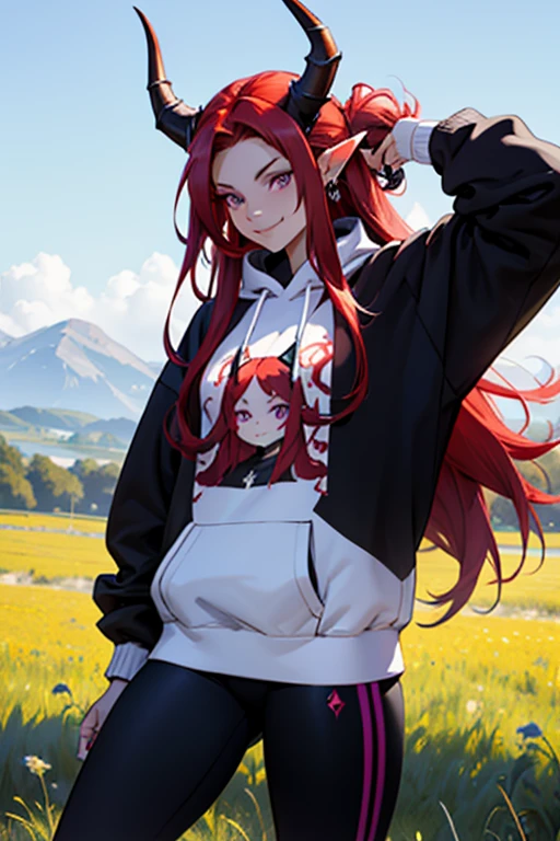 
woman, long hair, red hair, on her head she has two horns, her horns are small, ears a little pointed, violet eyes, she is smiling, wears a sweatshirt, black sweatshirt with symbols in white, wears leggings, wears two rings on her hand, the scene and in a field