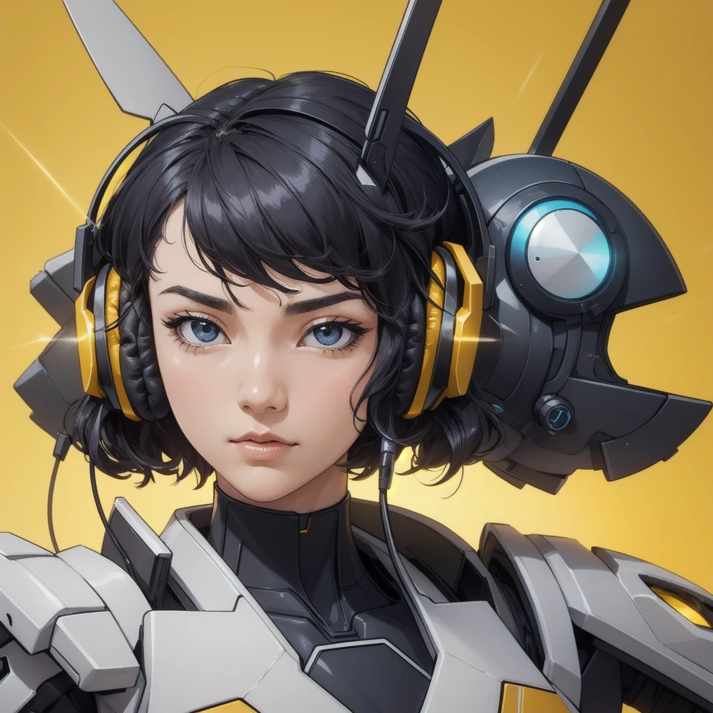 colorfulでダイナミックな背景の前でポーズをとる,Realistic, 8k, masterpiece, RAW Photos, Highest quality, Realistic, 非常に詳細な CG Unity 8k 壁紙, Written boundary depth, Cinematic Light, Lens flare, Ray Tracing, Perfect lighting,short hair, (Delicate skin), (Delicate face), ((Bust Shot))(Pop Background :1.1), Watching the audience、Comical movement,Gundam,Mecha,(Yellow background),((Headphones))Modern Style,artistic,mobile composition,Unique Pattern,Bold Texture,colorful,Imaginative,Whimsical,Vibrant,like々Shii,Playful,Vibrant,creative,Expressive,stylish,tendency、Twitter icon,((One person)),